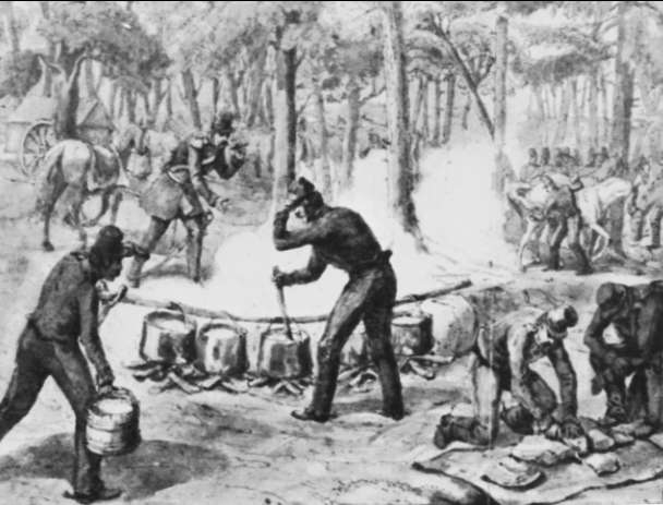 Kokning i kavalleriets bivack. Teckning av A C Wetterling, 1840-talet.