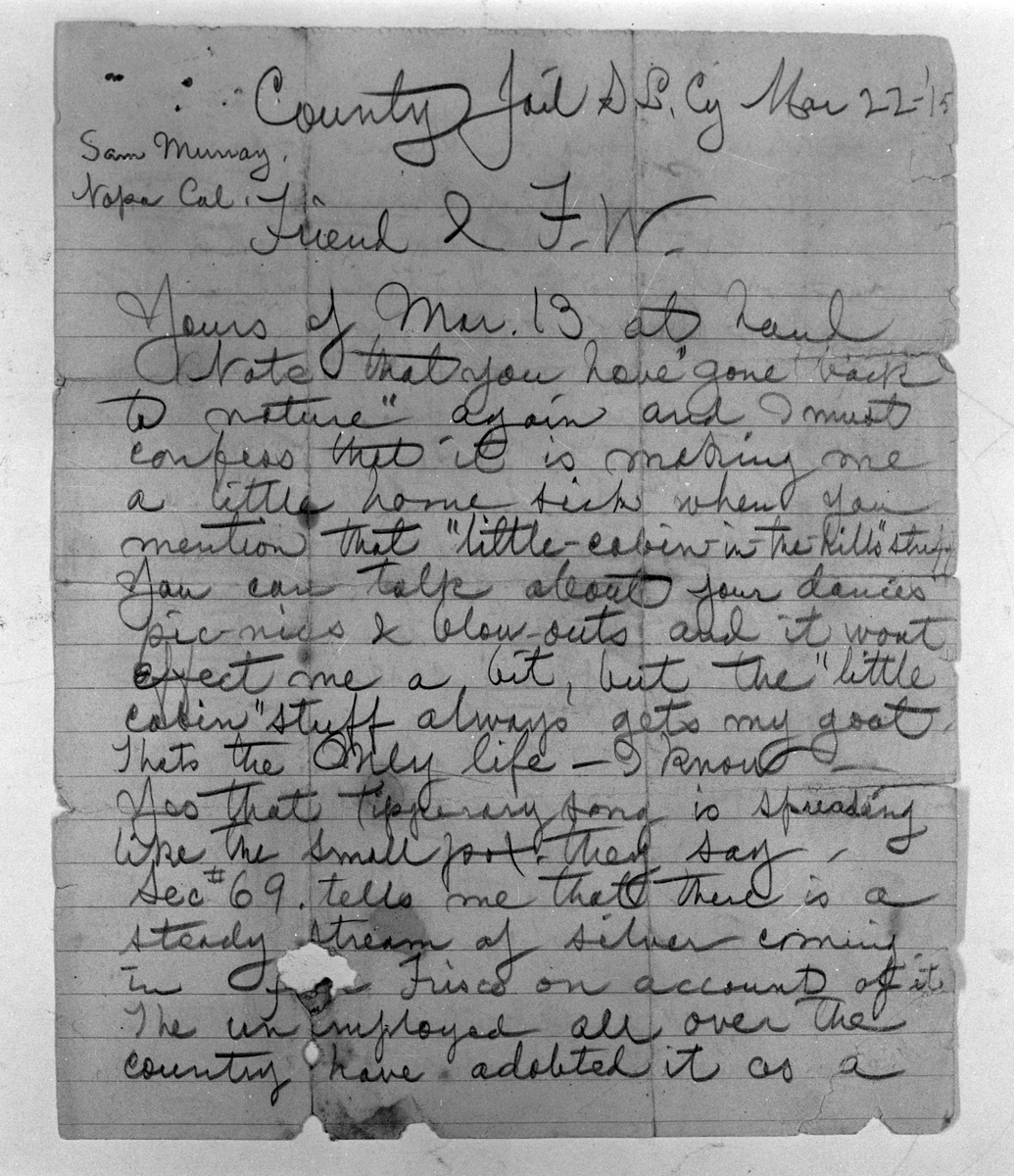 Reprofoto av brev som Joe Hill (Joel Hägglund) skrivit, 22 mars 1915.