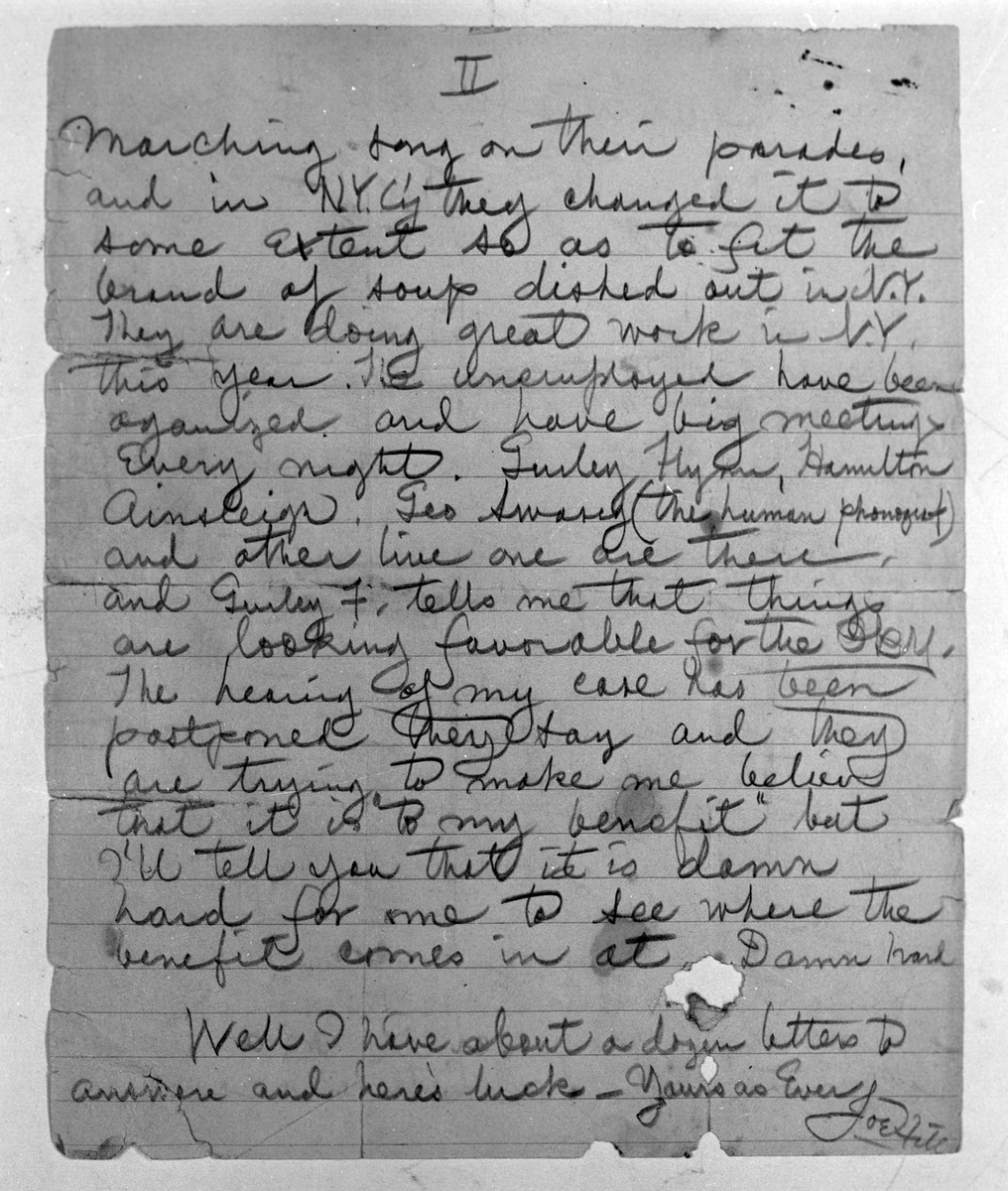 Reprofoto av brev som Joe Hill (Joel Hägglund) skrivit, 22 mars 1915.