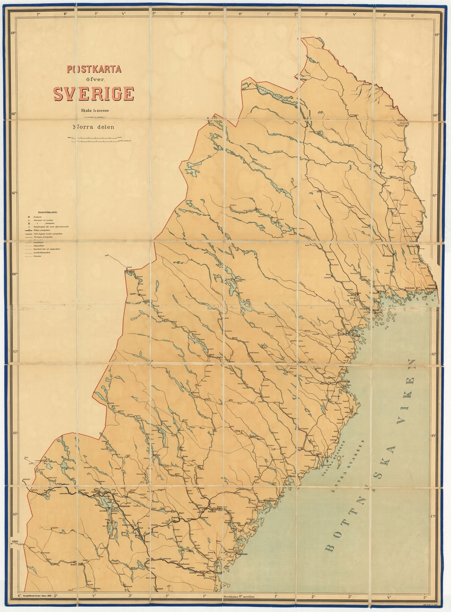 Postkarta över Sverige, norra delen, utgiven 1 mars 1889.
Kartan av papper på väv.