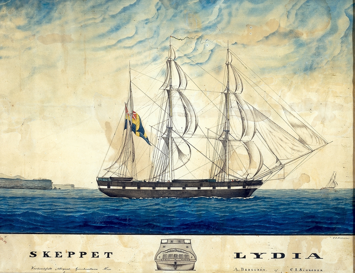 Fartygstavla av barkskeppet Lydia. Akvarell av befälhavare C J Schröder från 1840-talet. Ram av mahogny.