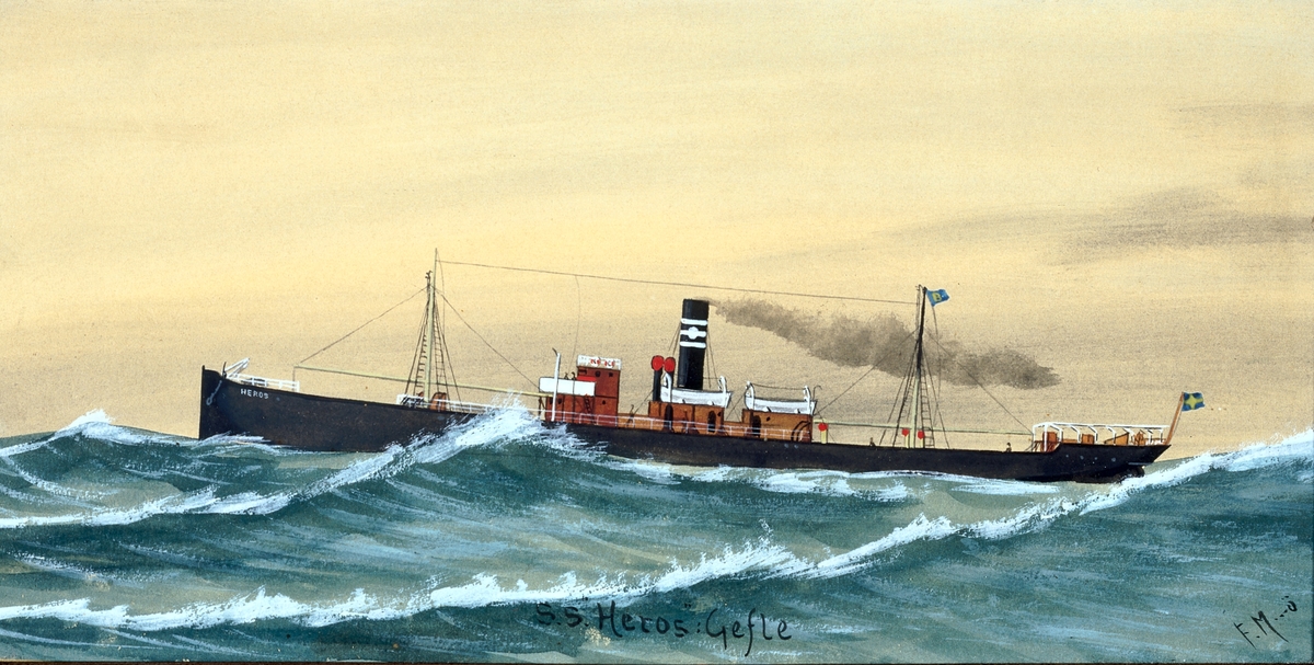 Akvarell av ångaren S/S Heros, Gävle. Redare E. Brodin; signerad F. M-ö.
Kom till Gävles handelsflotta 1899.