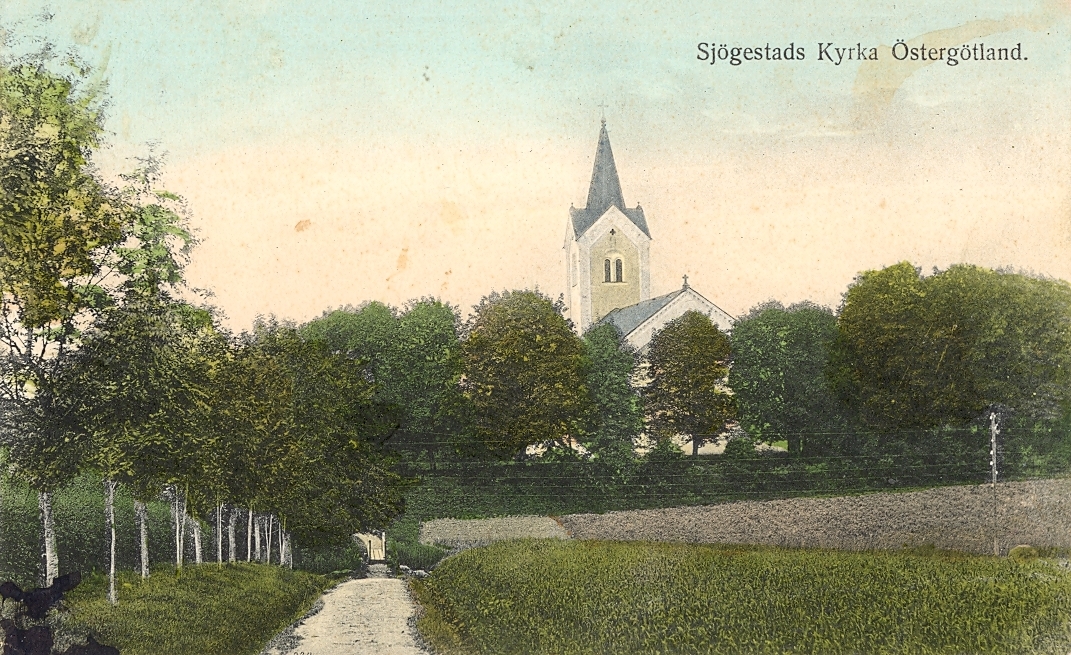 Vykort som visar Sjögestad kyrka.