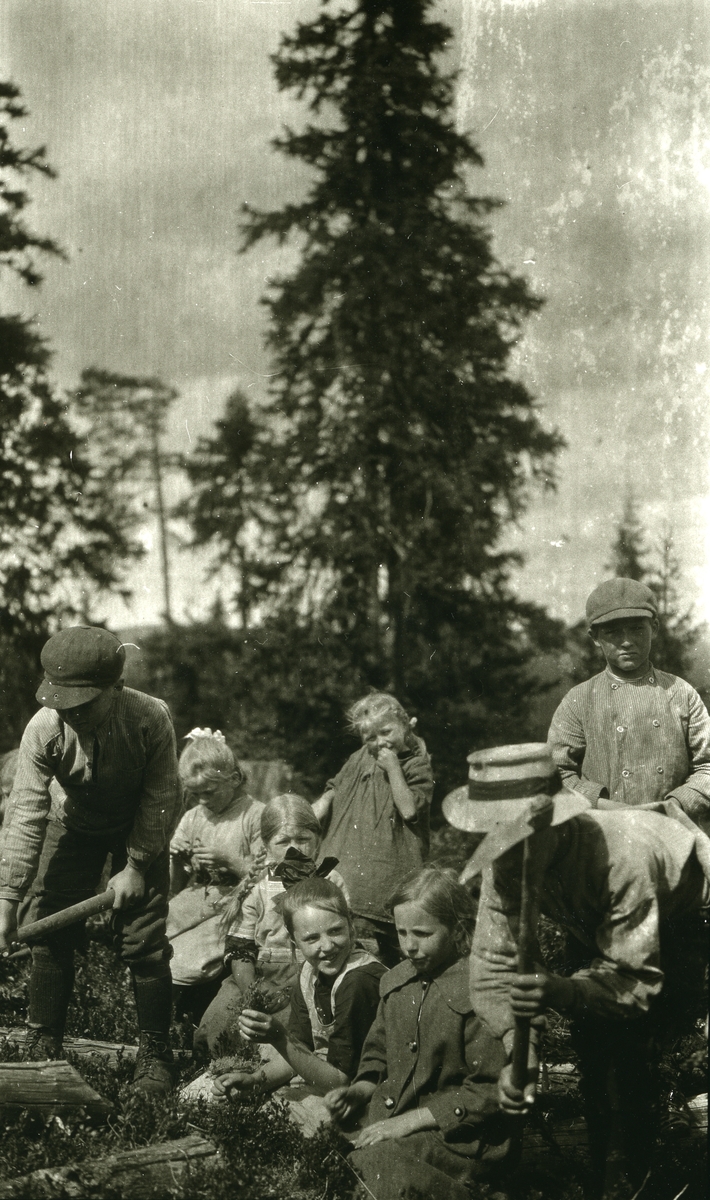 Skoleunger (i Galåsen) på skogplanting. 
Fremst fra høyre: nr. 3 Borghild Grønness g. Haugen (9/3 1910). Bak Gjertrud Bakken (4/7 1910 - 1992). Bakerst til venstre: Karl Johan Bakken ( 2/9 1901 - 1991)
