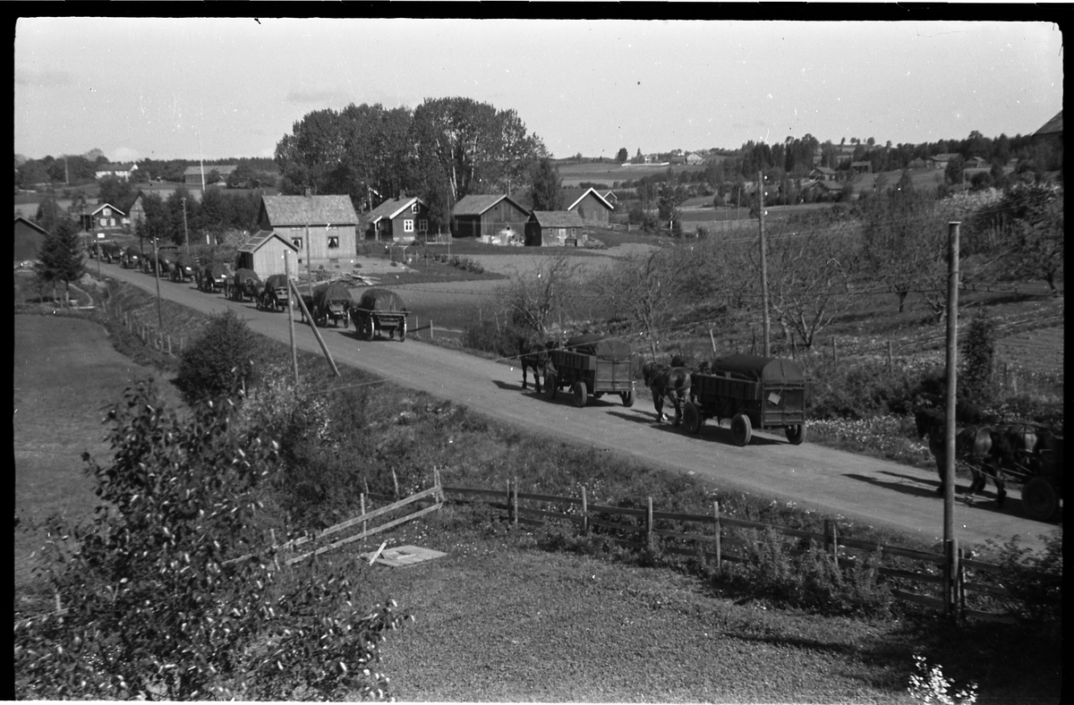 Tysk militærkolonne på daværende riksveg 33 på Kraby, Ø.Toten. Bildene er tatt fra fotografens hus på Odberg April/Mai 1940. Fem bilder.