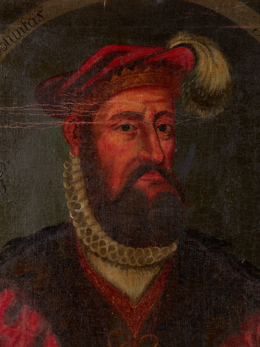 Portrett av kong Christian 3 av Danmark-Norge i drakt med pipekrage og fjærprydet hatt.