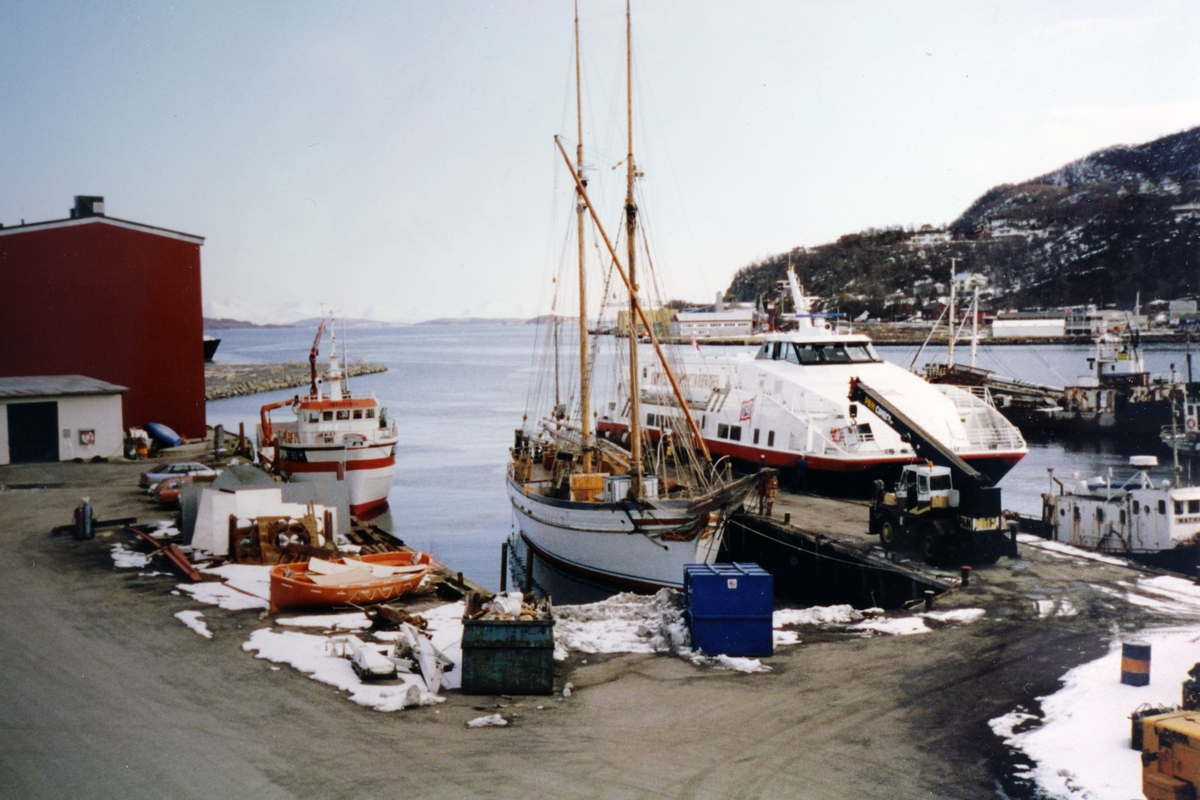 Kaia på Mathiassenverkstedet, med "Anna Rogde" midt i bildet og "Fjorddronningen" til høyre.