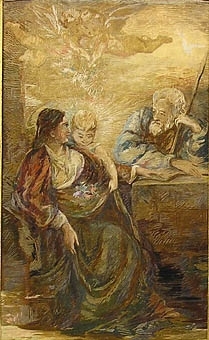 Enligt liggaren: Tafla, konstsömnad i silke af fröken Ellen Kylberg, Skara, f. å Såtenäs 20/8 1836. Taflan förfärdigad 1890, efter Albrecht Dürers kopparstick: Hvila under flykten i Egypten.