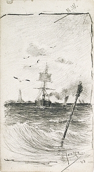 Teckningen föreställer ett fartyg på ett vindpinat hav. I förgrunden syns en kvast- sjömärke och i horisonten en fyr.
Signerad: Jocke 88.