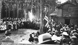 Gruppebilde, flagg, personer. 
Glomdalsmuseet 1920. Jubileu