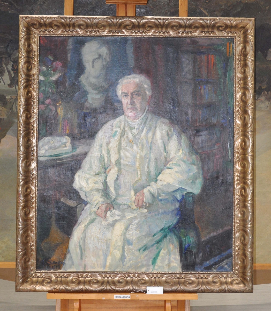 Portrettmaleri av Karoline Bjørnson. Karoline sitter ved et skrivebord som er antatt til å være på Aulestad.