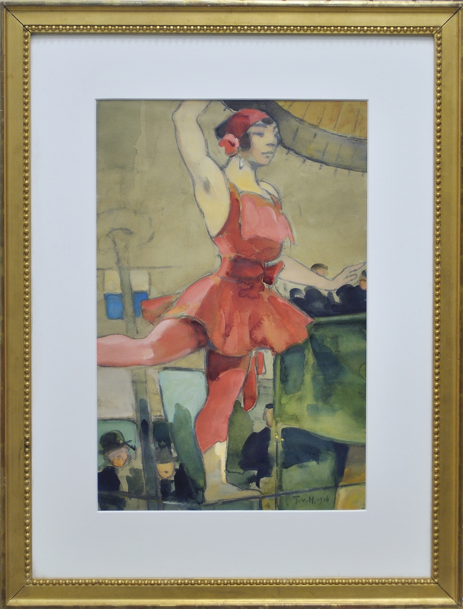 Gouachemålning föreställande en kvinna i röd dräkt balanserande på en lina. Konstnär Gösta von Hennigs, 1934.