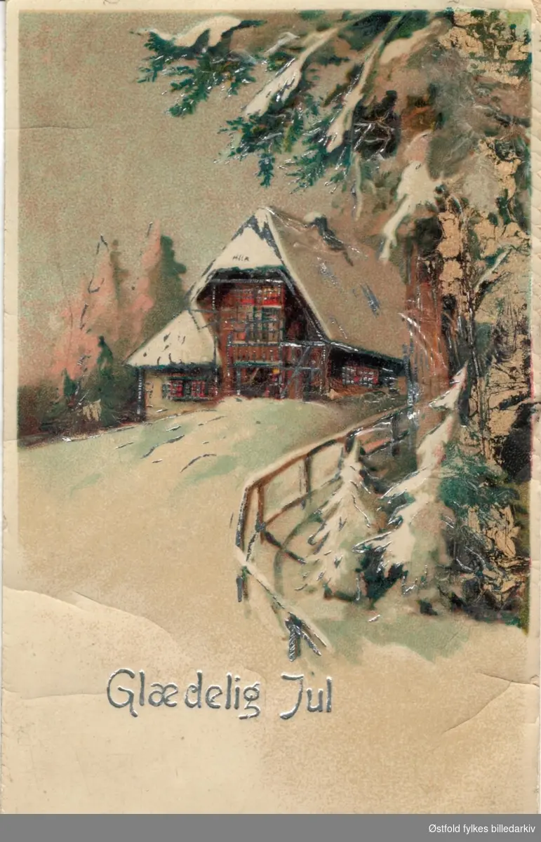 Julekort. Vinterlandskap med hus. Poststempla 1919.