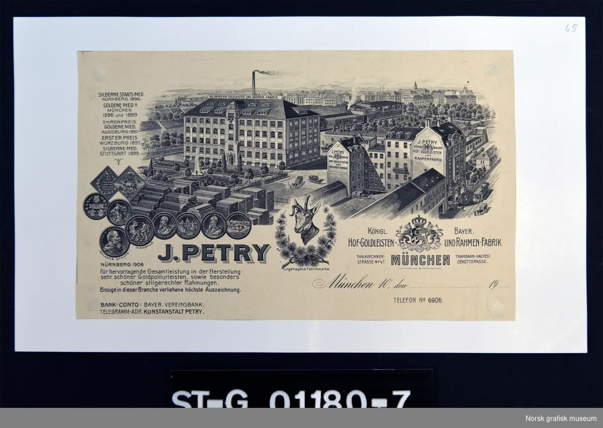 Brevhodet i sort/hvitt viser en logo av et geitehode med krans av furugreiner sentrert. På venstre side for dette står firmanavnet: "J. Petry", og bakgrunnen er dekket av flere store fabrikkbygninger i et tettbygd bymiljø.