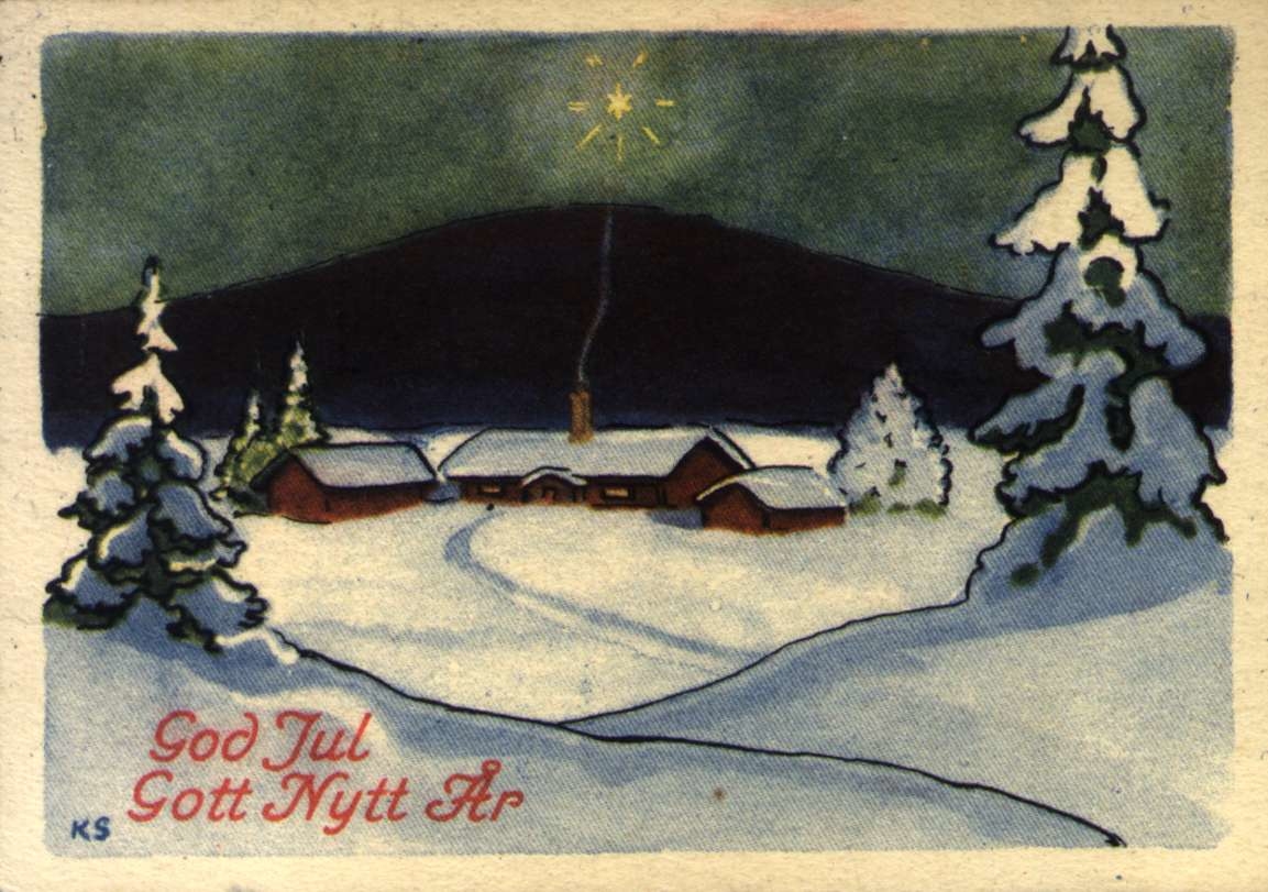 Julekort. Jule- og nyttårshilsen. Vinterlandskap i månelys. Gårdstun i bakgrunnen. Påskrift 1945. Svensk kort.