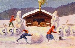 Julekort. Jule- og nyttårshilsen. Tre barn med nisseluer tri