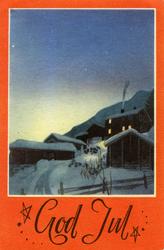 Julekort. Ubrukt. Vinternatt over gårdstun.