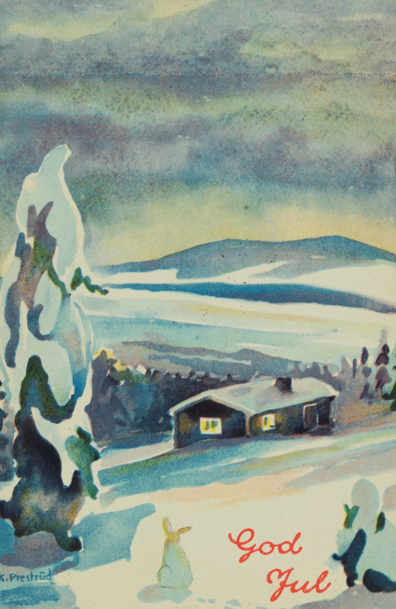Julekort. Jule- og nyttårshilsen. Hytte og hare i fjellandskap på vinterstid. Kunstner K. Prestrud. Stemplet 23.12.1933.