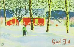 Julekort. Vintermotiv. Landskap. Mann på ski.