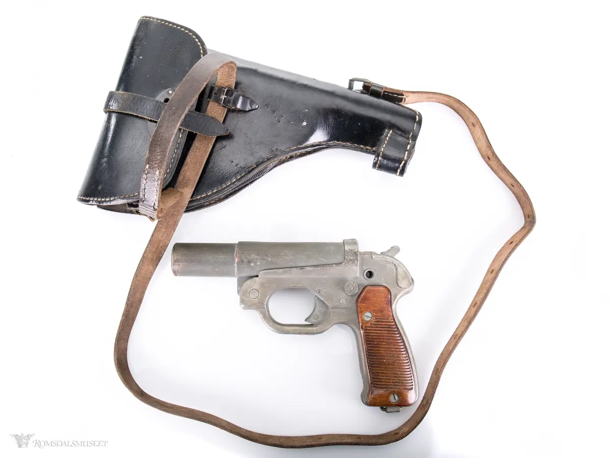 Sylindrisk glattboret løp som åpnes med en fjæret knapp festet på siden av pistolen. Spennbar hane, avtrekker og skjeftet med påskrudd tregrep med riller. Lærstropp følger med. Sort lærhylster med beltefeste, lukkestropp og rom for en ekstra patron følger med.