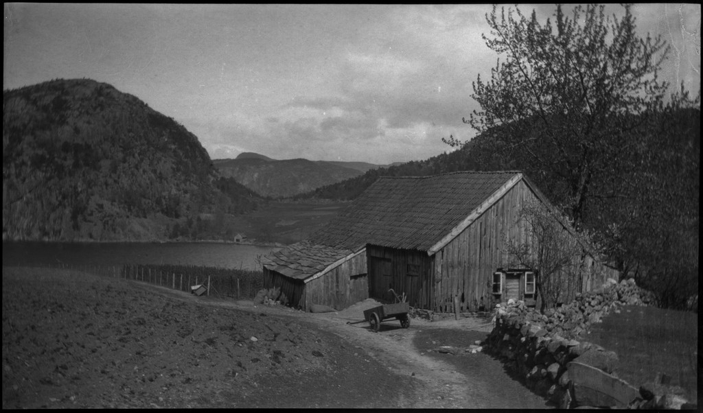 Harald Bergsaker og fotografen besøker flere små gårdsbruk og bygder i Strand kommune. Det er bilder fra landskap, bebyggelse, barn, sauer og lam. Frukttrærne står i full blomst.