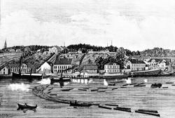 Fra Sarpsborg: Prospekt av Sannesund. Efter tegning av M. Am