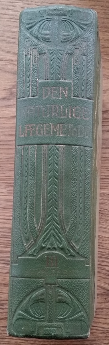 Bok, grønt bind, gulldekor i jugendstil. Platen, M: Supplement til den Naturlige Lægemetode. Lærebog I-II. København, intet årstall. 