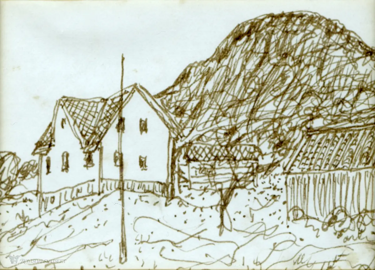 Tre motiver i en ramme. Øverst: En låve med en skogkledd ås og et fjell bak. Midten: Et gårdstun med et bolighus og flere små bygning, flaggstang. En skogkledd ås bak. Nederst: En vei med en krike i enden, skog og et fjell i bakgrunnen.