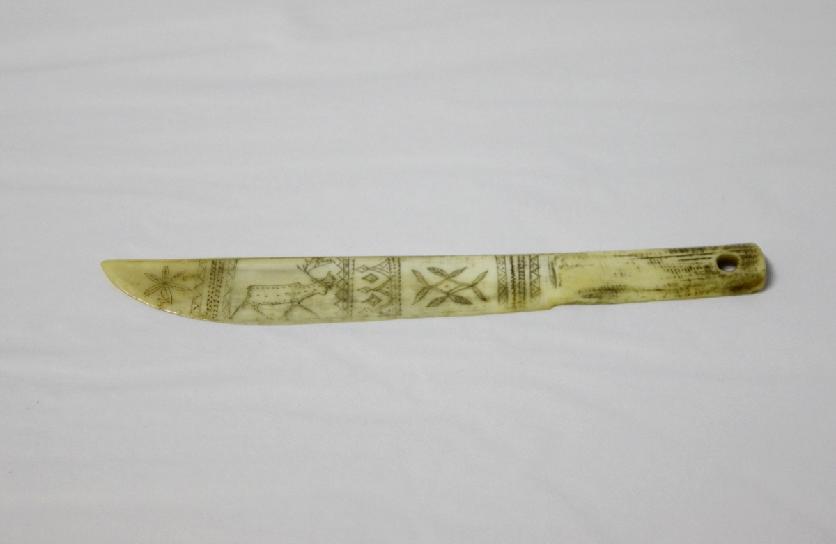 Papirkniv/brevåpner av reinhorn (antatt). Dekorert med skårne tegninger. Samiske motiv.