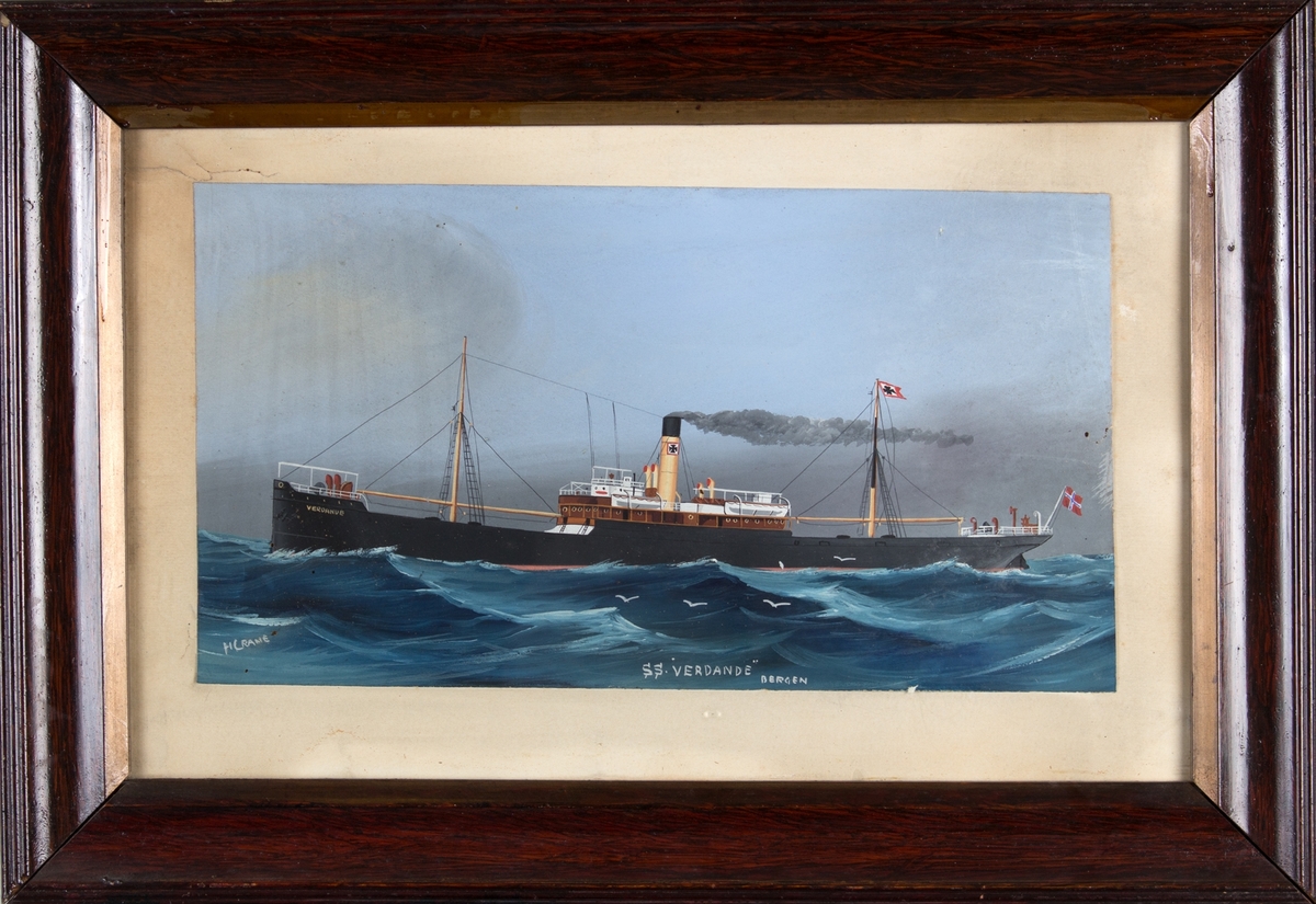 Skipsportrett av DS VERDANDE på åpent hav. Fire måker i forgrunnen av skipet. Norsk flagg i akter.