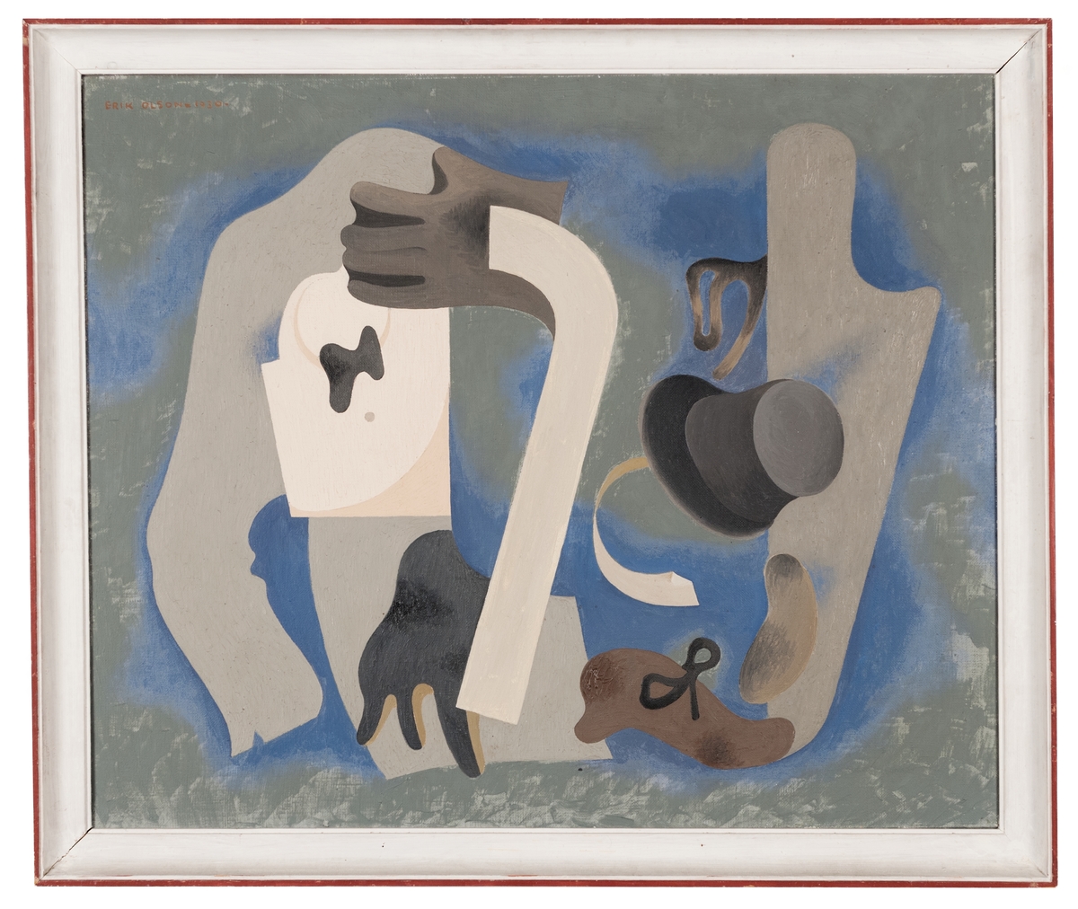 Oljemålning, olja på duk, "Vestiaire: A" av Erik Olson. 
Figurkomposition i övervägande gråa toner, blågrå fond.