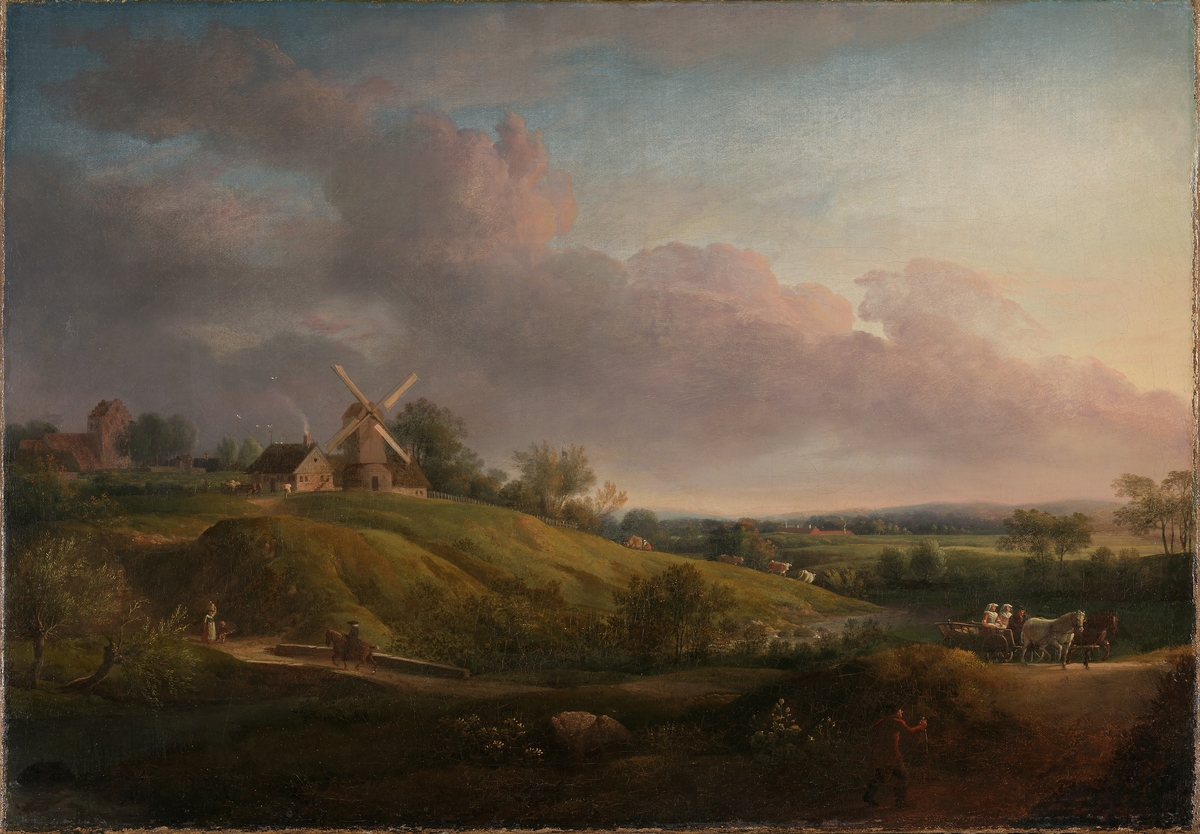 Landskap med kirke og mølle [Maleri]