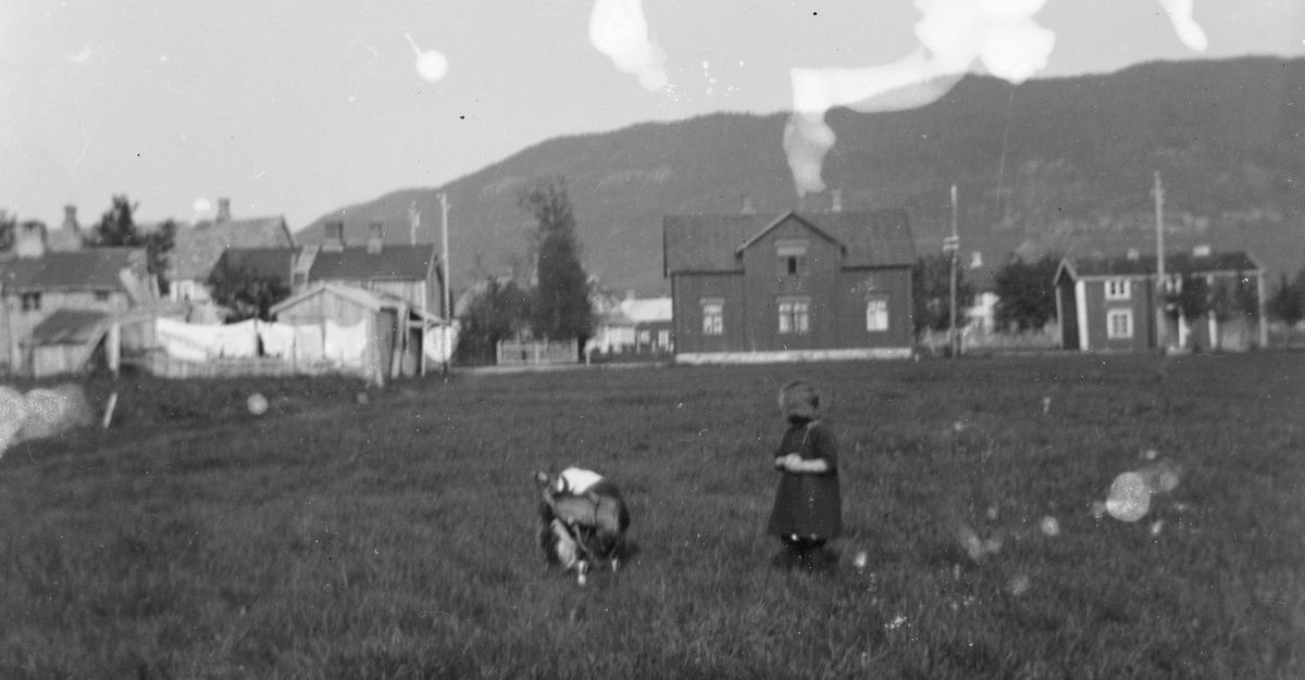 Barn og en geit foran flere hus