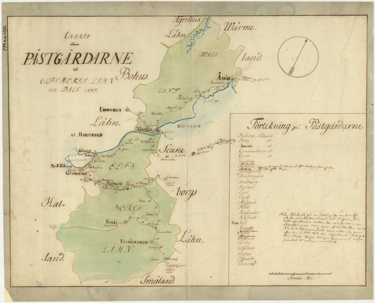 Postkarta över postgårdarna i Älvsborgs län och Dalsland under 1700-talets mitt. Kartan visar endast dessa områden, de angränsande länen namnges endast vid sidan om. En förteckning över postgårdar finns i nedre högra hörnet. Kartan är ritad och kolorerad för hand.