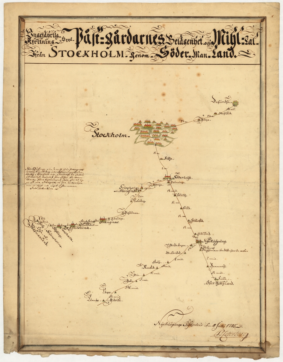 Postkarta som visar postgårdarnas lägen längs postvägen från Stockholm, genom Södermanland, ner mot Östergötland.
Endast postvägarna utmärkta, inga sjöar, kyrkor eller annat. Kartan har varit inhäftad i ett kartband från senare delen av 1700-talet.