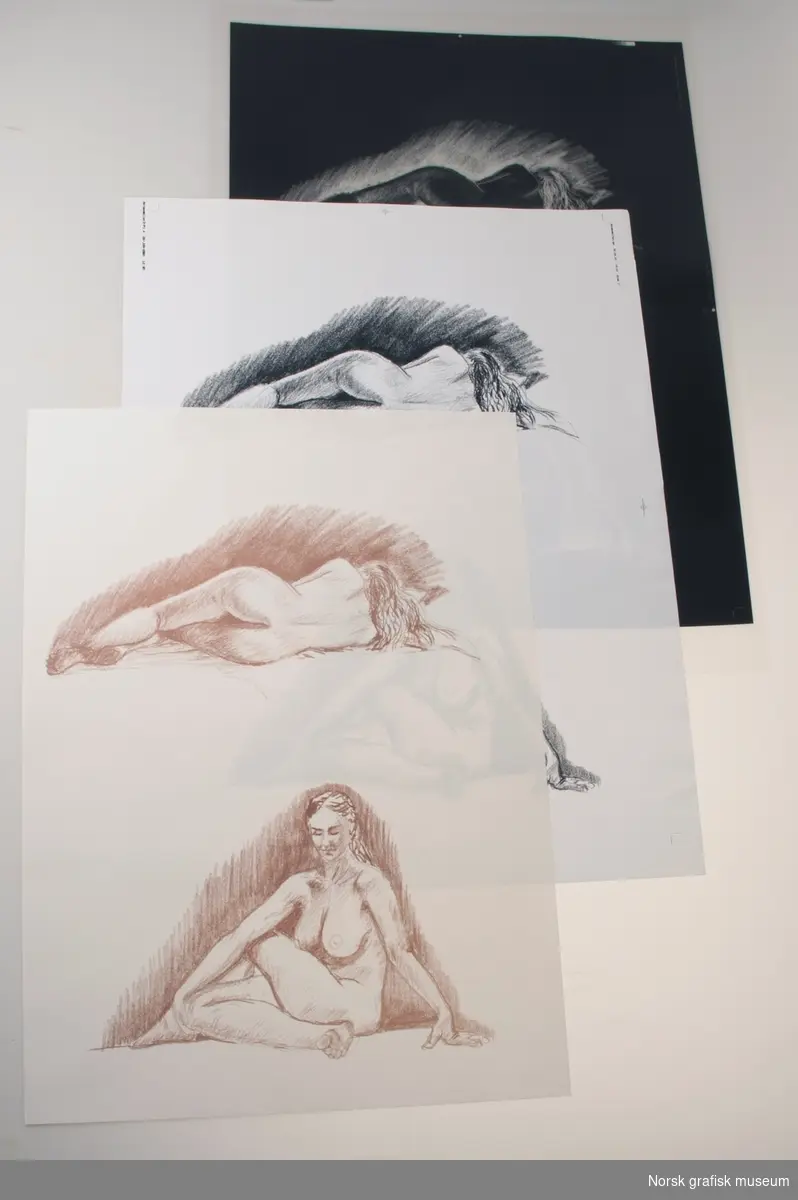 Reproduksjon av grafisk trykk av Roy Albrigtsen utført med rasterfilmteknikk. Inkluderer forarbeid, film og prøvetrykk.
