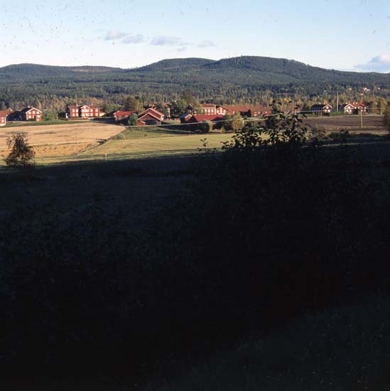 Norrvåga by i Järvsö, med skugga o påfallande sol, 6 september 2001. De röda, stora hälsingegårdarna ligger som på rad med bergen i bakgrunden. Framför breder ett jordbrukslandskap ut sig.