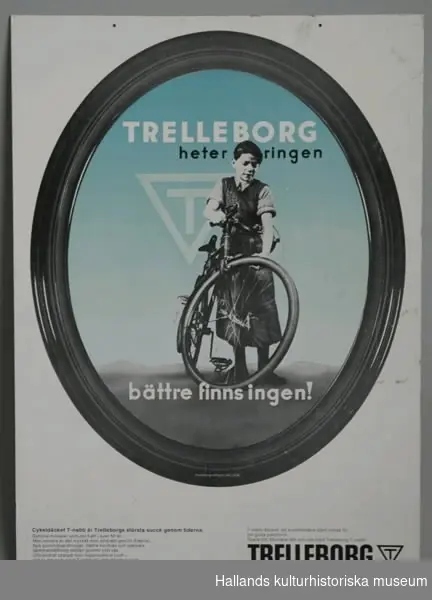 Affisch, reklam. "TRELLEBORG". Reklam för cykeldäck av gummi, tillverkade i  fabriken i Trelleborg