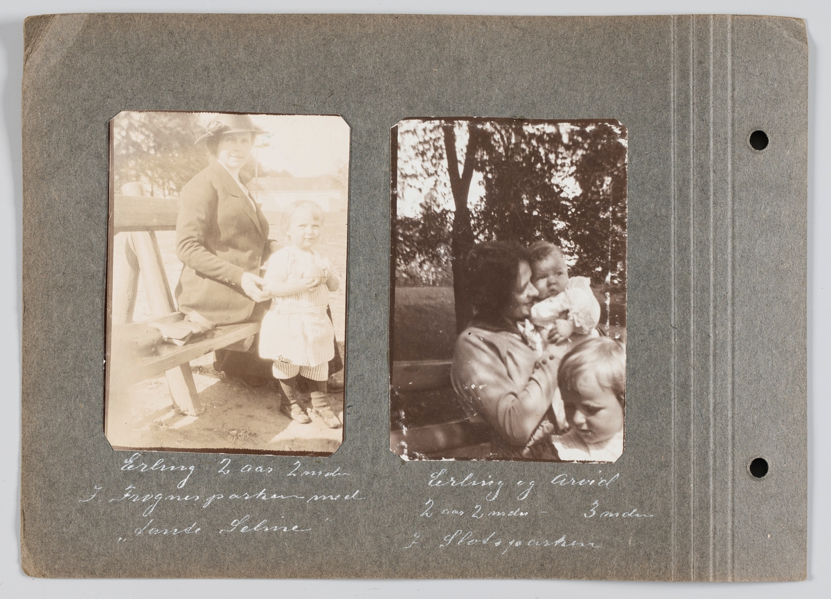 Bildet til venstre: Erling Michelsen og tante Celine Hägerlund i Frognerparken, juli 1915
Bildet til høyre: Amy Michelsen med sønnene Erling og Arvid i Slottsparken. Oslo, juli 1915