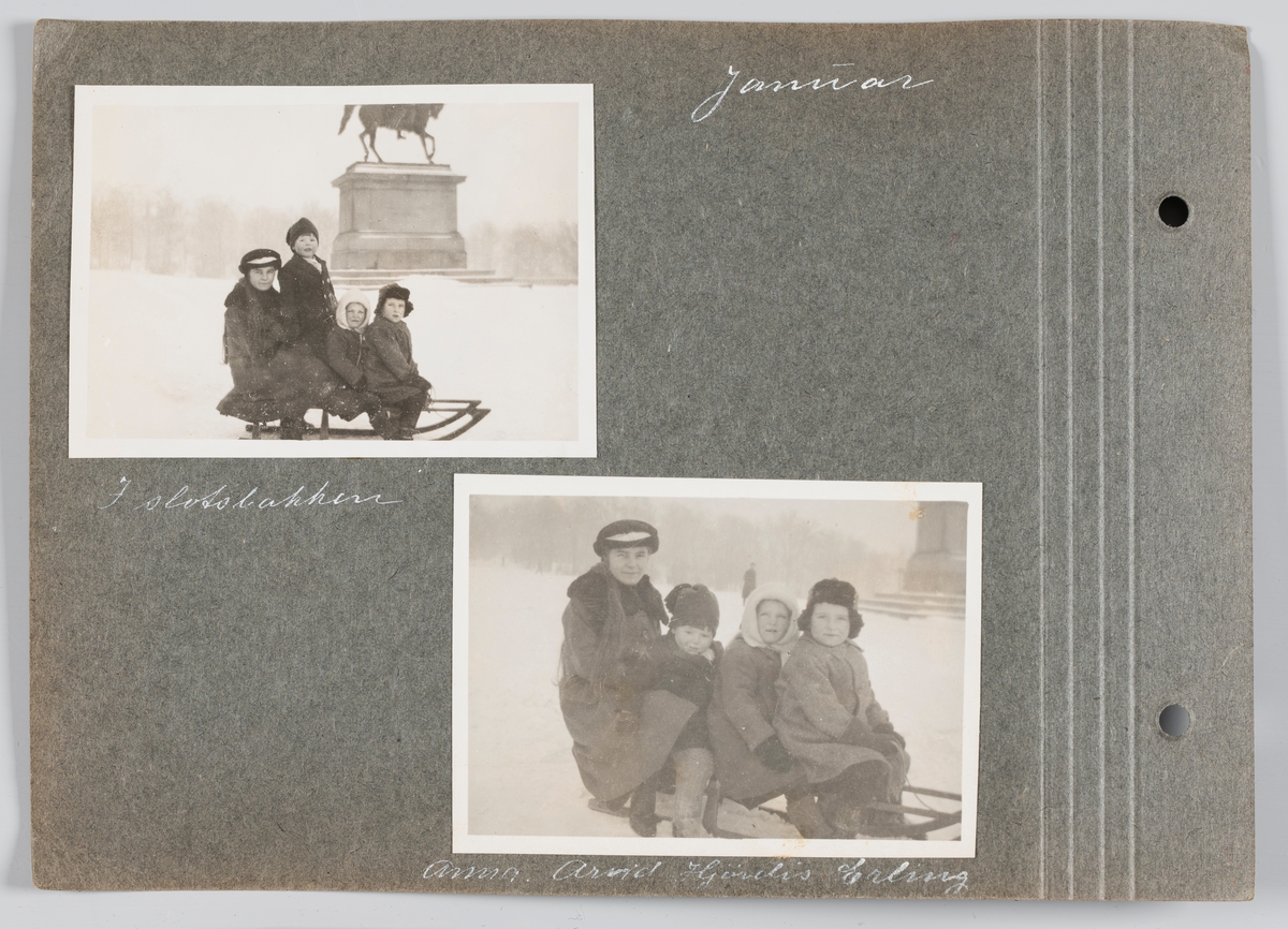 Begge bilder: Hjørdis, Erling og Arvid Michelsen samt hushjelpen Anna på aketur i Slottsbakken, Oslo, januar 1919.