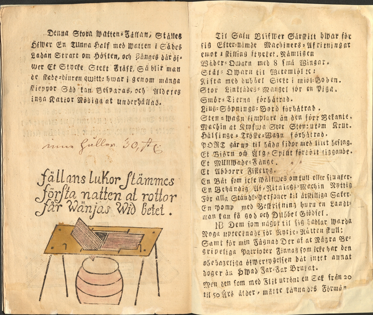 Bondestolpe. Beskrivningar rörande fångst- och jordbruksredskap. Utgiven av Pontus von Wulfschmidt mellan 1771-1783. Han kunde sedan mot betalning tillverka små trämodeller av föremålen.