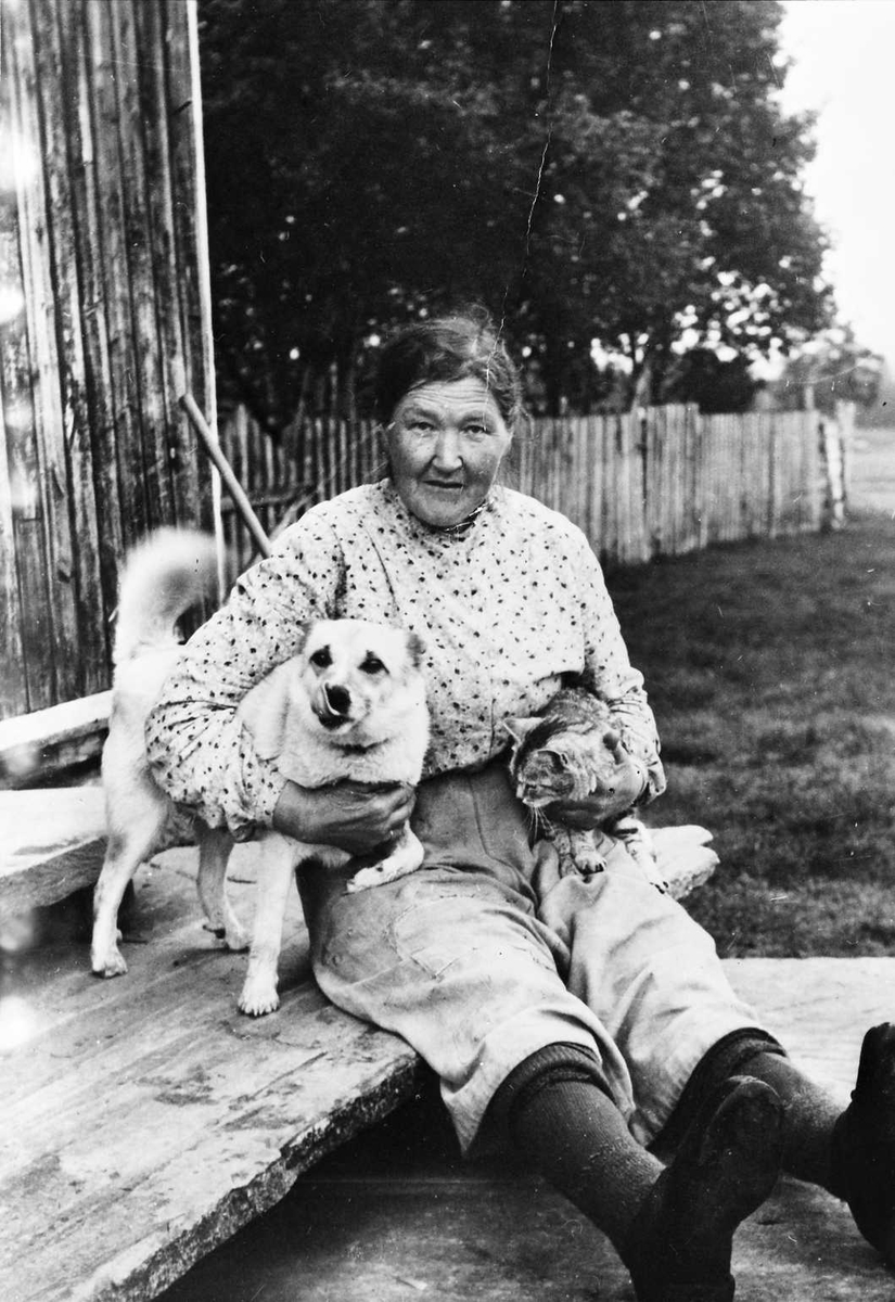 Kvinne med hund og katt sittende på en trapp. Marit Øyen. 