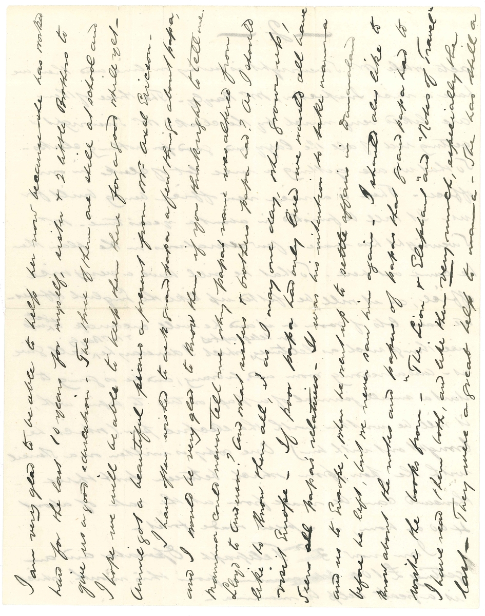 Brev från Charles Llewellyn Andersson till sin faster daterat 30/10 1877.

"Cape Town
30th October 1877.
My dear Aunty, 
Mamma received your last kind letter, and i very sorry not having answered it sooner. I have lots to tell you how I am getting on in the Telegraph Department. We have a new Manager Mr. Sivewright. He has come out here from England, to inspect our lines & will be here for about two years only. He is introducing altogether a new system of working. The same as used in England. He is a very nice gentleman. We all like him very much. He is now at King Williams Town, and has been there for some time, as it is the principal town near the Kafir war. We have had lots of work lately, and have had to keep the office open day & night, (otherwise it is only open from 8 a.m. to 6 p m), and I have come in for my share of night work. Several lots of volunteers have gone from here and other places to the frontier, and are now trying to catch the Chief Kreli, who has been causing Gov-t a great deal of trouble and annoyance. I hope they will catch him. About this time last year, we had a war on the frontier with another Chief named "Langalebelele" who they caught and he is now staying an a small place near Capetown with a few wives. It is altogether too good a life for him and I daresay he enjoys it. They should send Kreli to Robben Island (a small island in TableBay with a lunatic asylum on it), it is what he deserves. He has caused a great deal of mischief & expensive to Gov-t. How I should like to go to have shot at him. Well, as I was saying when the thought of Kreli came and interrupted me- We are now making a line to Natal, passing a long the boundary of Kreli's country. We have a nice Chief clerk Mr. Duff, who acts while Mr. Sivewright is away on line and then we have a nice Inspector, Mr. Bayly. The three of them are liked very much by the clerk. Mr. Sivewright is getting rid of all the lazy and good-for-nothing clerks - So that we are getting a nice lot of clerks in our office. There is a nice new office being built for us. It will be finished in about a year's time. Mr. Sivewright has made a few alterations in the plan when he came out here. So that we will have a very nice office; as it will be fitted up like the English offices. We have lots of room in it and he will encourage to set up nice things such as lectures on telegraphy which I daresay he, & Mr Bayly will give us - and a reading room and library; and he is going to start a small journal of a page or two to begin with; it will be written with the electric pen. (which he brought out with him). One copy is written on a stencil with the pen, from which between two & three thousand can be made from at the rate of about 400 an hour, in a press made for it.
I am now 3rd. Telegraph Operator and am getting L 100 per annum from this month, which is a great help to mamma.
I am very glad to be able to help her now because she has worked hard for the last 10 years for myself, sister & 3 little Brothers to give us a good education. The three of them are still at school and Annie got a beautiful piano a present from Mr. Axel Ericson.
I have often wished to ask grandpapa a few things about papa, and I would be very glad to know them, if you think right to tell me. Mama could never tell me why papa's name was altered from Lloyd to Anderson? And what sisters & brothers papa had? As I should like to know them all, as I may one day, when grown up, visit Europe. If poor papa had only lived we would all have seen papa's relatives. It was his intention to take mamma and us to Europe, when he went up to settle affairs in Damaraland before he left, but we never saw him again. I should also like to know about the notes and papers of papas that grandpapa had to write books from. "The Lion & Elepahnt" and "Notes of Travel" I have read them both, and like them very much, especially the last. They were a great help to mamma. She has still a few of each left.
I often wish to follow in papas footsteps, and I daresay I would have already commenced travelling, if it was not that I know mamma and Annie are all alone och require me. Several Gentlemen have offered to take me up to Damaraland & Mr Buxton wished me to go with him, when he was out here, on a shooting excursion to Natal and then round through the Suez canal to England but mamma did not like to lose me, I was so young also. But I hope one day when mamma & Annie are not dependent on me to be able to go about and travel. Mr Stanley the Great African explorer who found the true source of the nile & made other discoveries arrived at SimonsBay a few days ago with 113 followers, who went through with him from the East to the West coast (overland). He came to CapeTown and will be here tomorrow to a public luncheon and remain for a little while, when he will proceed to Zanzibar in the man-of-war "Industry" which brought him here from the West coast.
Forgive my asking you those questions above, but we know & saw such a little of papa and mamma does not either. My youngest brother Ernest never saw him, papa only knew he was born.
With love from us all to yourself and pap's friends in England & Sweden.
I remain
Your affectionate 
Nephew
C. Llewellyn Andersson -