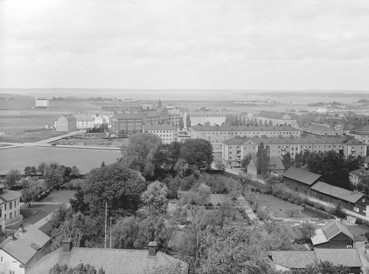 Utsikt över Linköpings norra delar omkring 1935. Byggnationen längs Vasavägen påbörjades i slutet av 1800-talet i vägens östra ände med det så kallade Miljonpalatset. Vid tiden för bilden hade utvecklingen precis nått förbi skärningen med Gråbrödragatan. Tomten i förgrunden tillhörde Biskopsgården. Vy från domkyrkotornet.