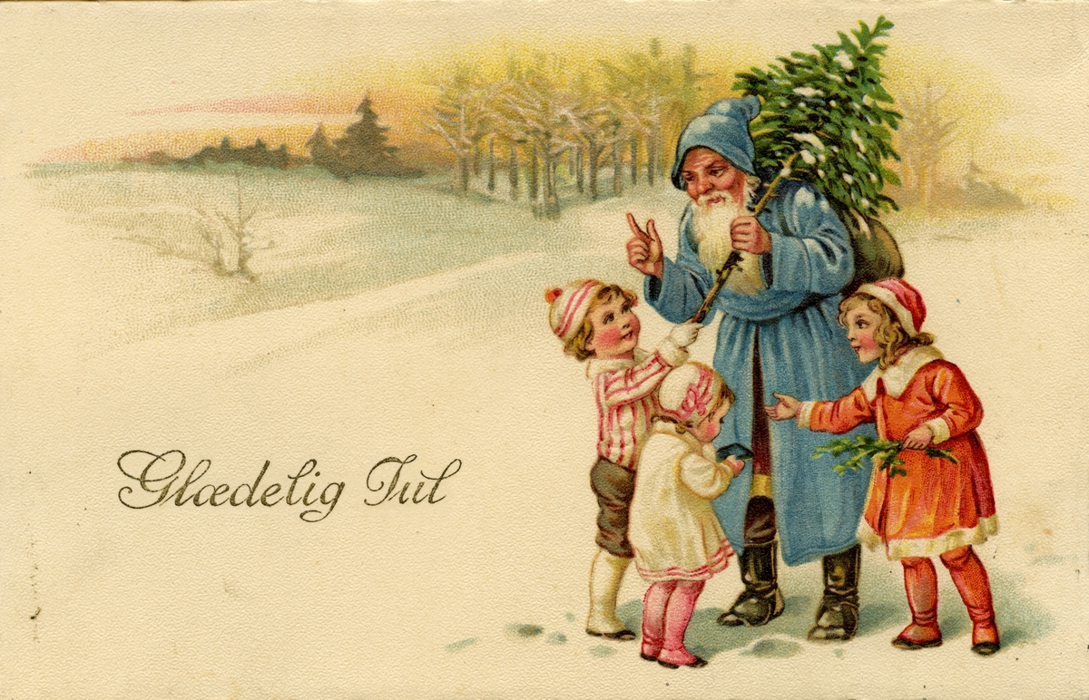 Julekort. Jule- og nyttårshilsen. Vintermotiv. Tre små barn står rundt en blåkledd mann med et juletre på skulderen. Stemplet 23.12.1924.