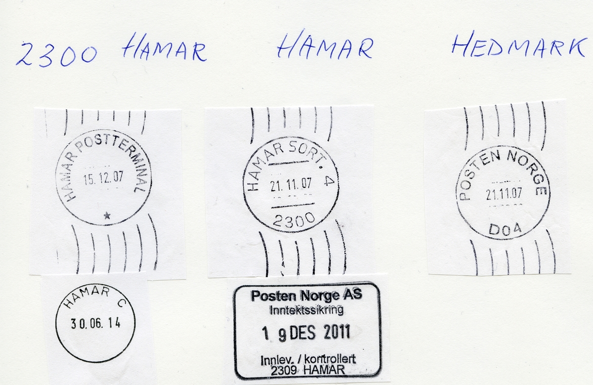 Stempelkatalog. 2300 Hamar postkontor, Hamar, Hamar, Hedmark