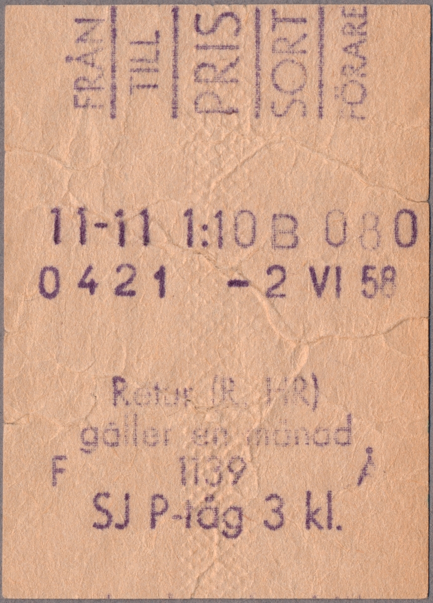 Ljusbrun pappersbiljett med den tryckta texten:
"FRÅN TILL PRIS SORT FÖRARE
11-11 1:10 B 080
04 21 - 2 VI 58
Retur (R. HR) gäller en månad SJ P-tåg 3 kl.".