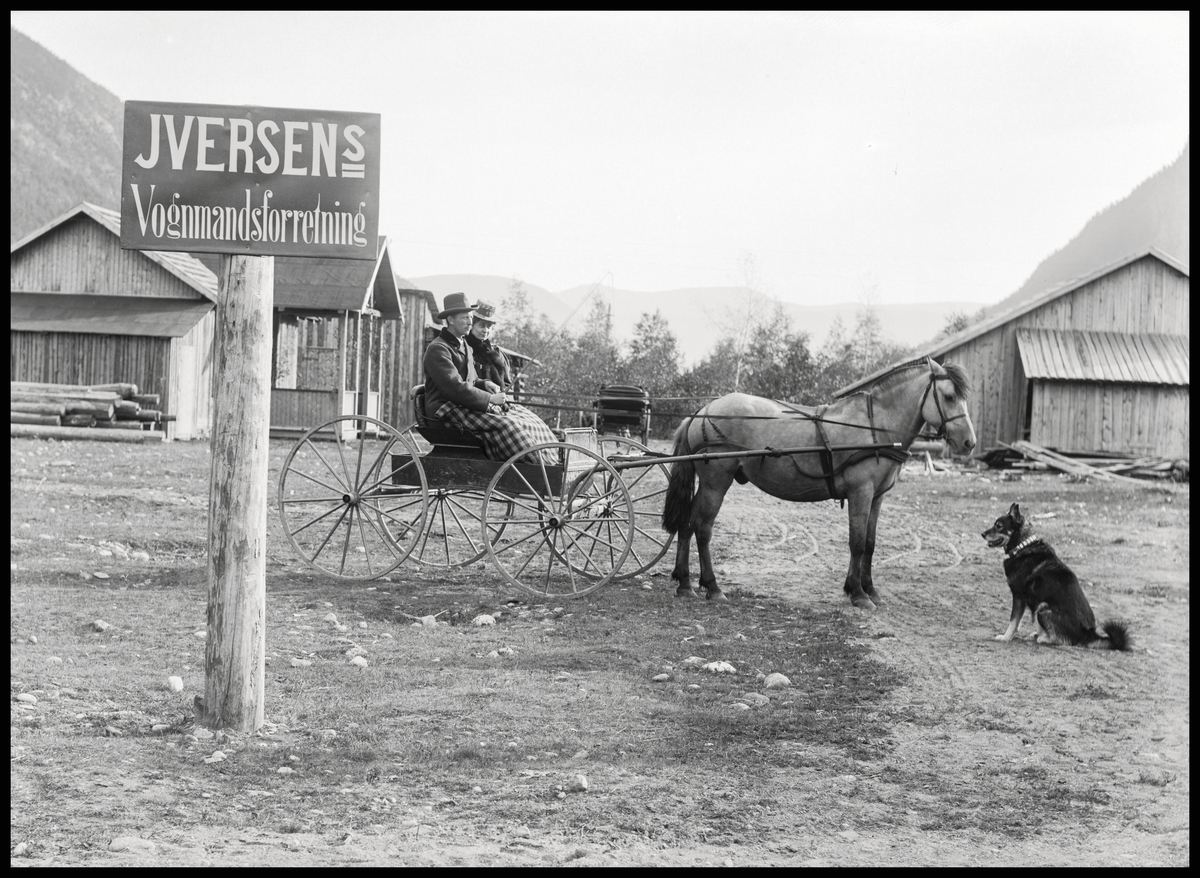 Sel 5/9-1898 Vognmand Iversen med en hest, 4 hjuls skyssvogn med passasjerer, skilt, hund.