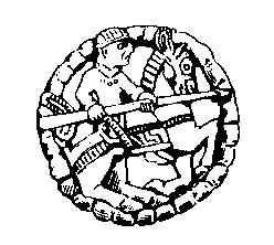 Logoen til Norsk arkeologisk selskap viser en tegnet mann som sitter på en hest med spyd i armene og en ring rundt hele motivet.
