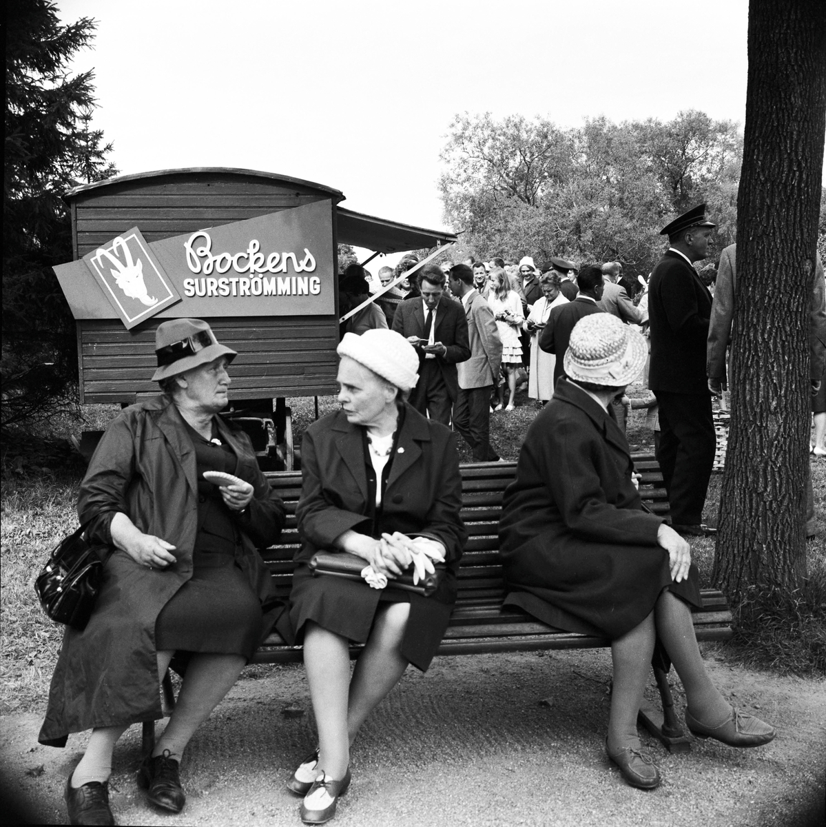 Tre kvinnor på en bänk på Skansen. I bakgrunden marknadsvagn "Bockens surströmming".
"Fest på fisk" den 28 augusti 1966.